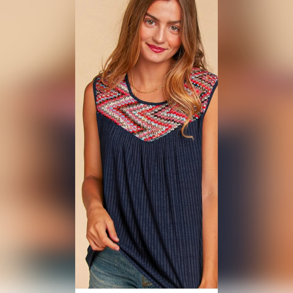 Plus Fuchsia & Navy Zigzag Chevron Lace Yoke Color Block Tank Top